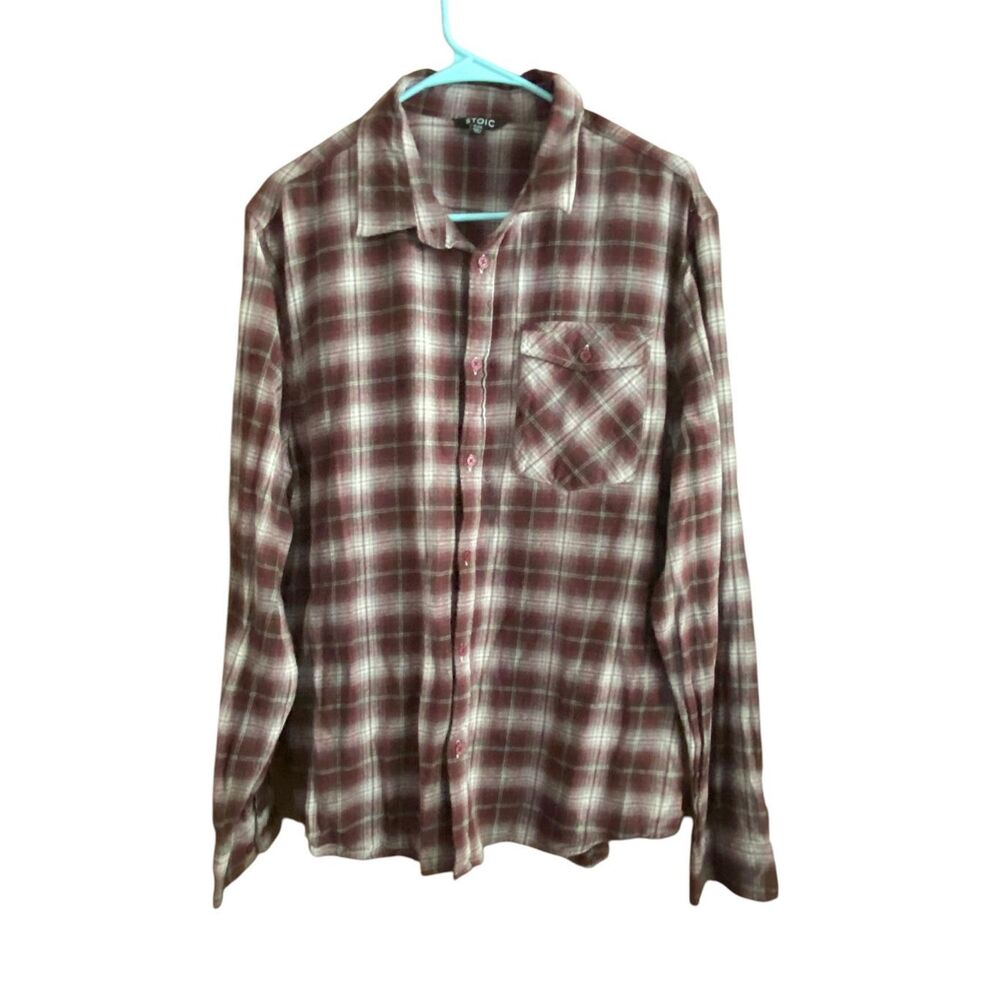 Stoic Mens Burgundy Plaid Long Sleeve Button-Up Flannel Shirt Size XL